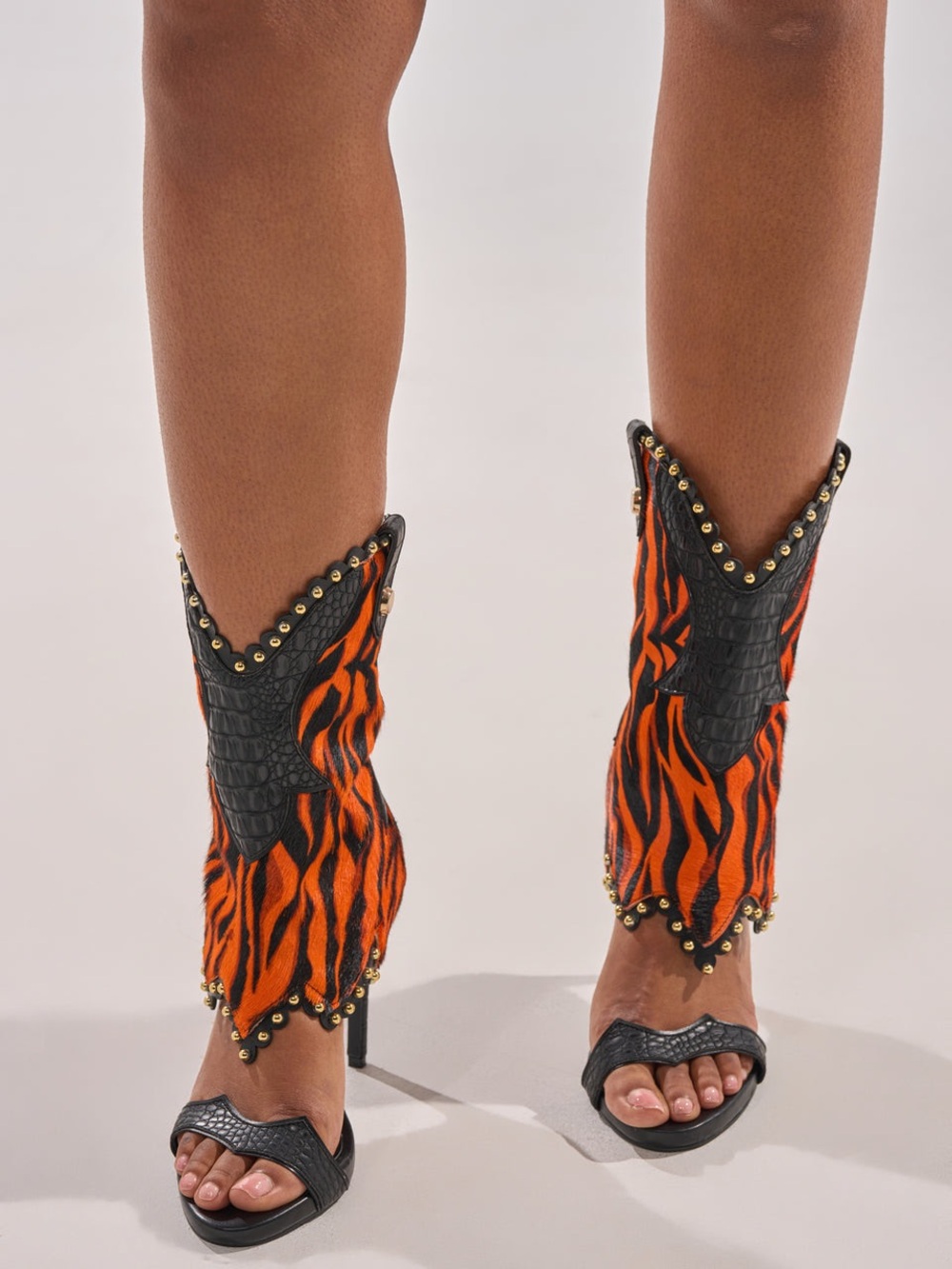 Women’s Black & Orange Tiger-Print Western Sandal Boots
